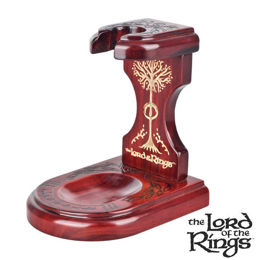 The Pulsar Shire Pipes MIDDLE-EARTH Pipe Stand—a dark wood display with carved details—is pictured from a slightly angled front view.