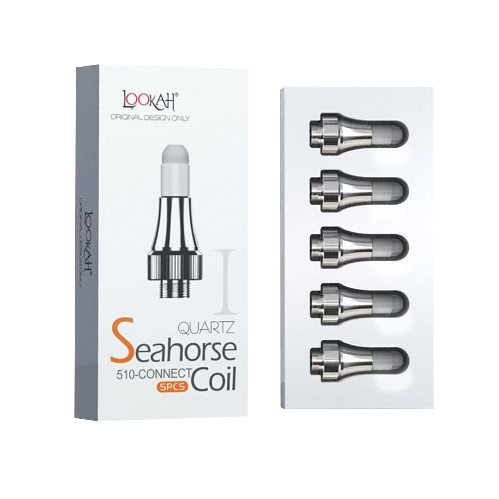 A close-up of the Lookah Seahorse PRO Quartz Coil 5pc Set, showing the four silver coils stacked against a black backdrop.