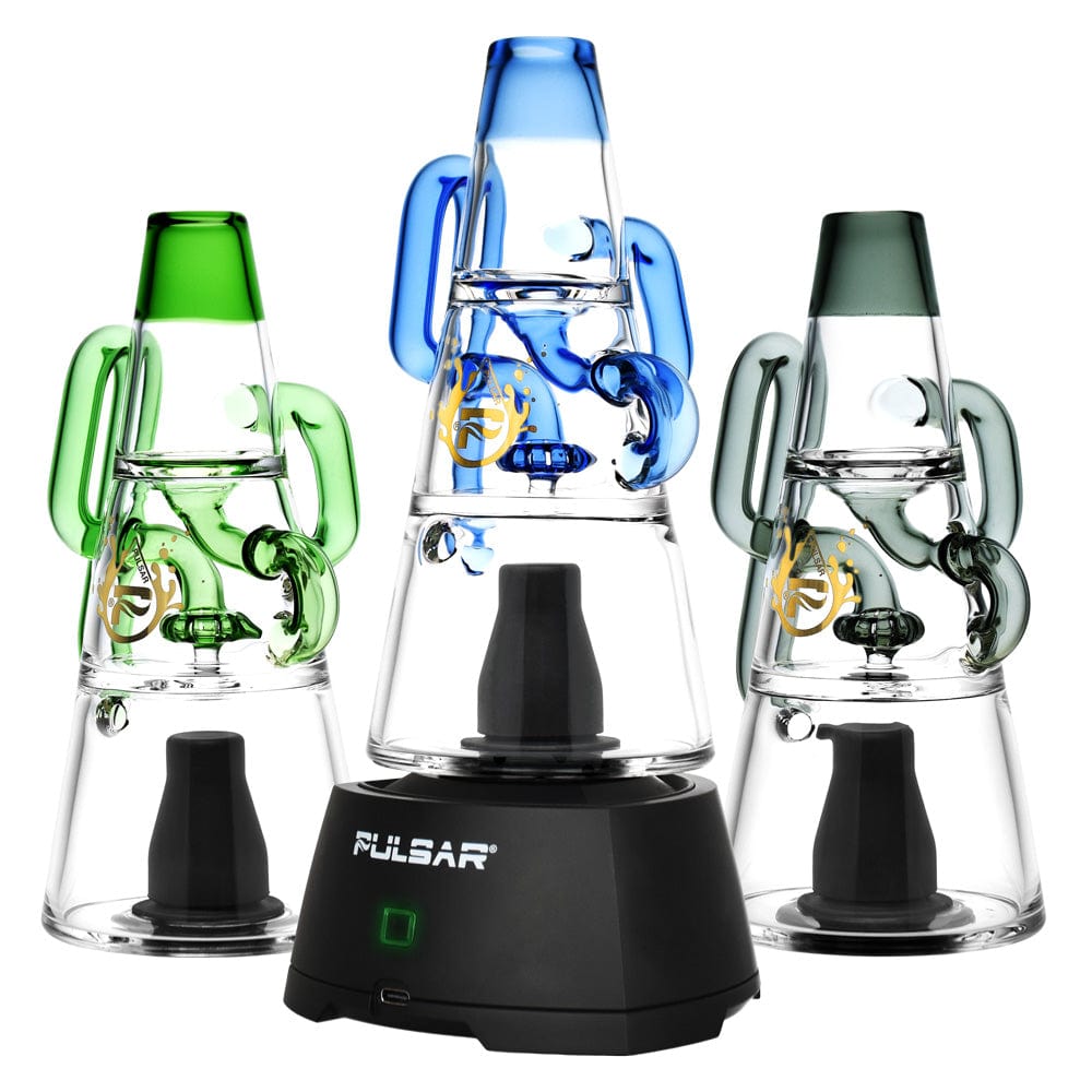 A front view of the Pulsar Sipper Bubbler Cup, a clear recycler bubbler with unique curves and a visible mouthpiece.