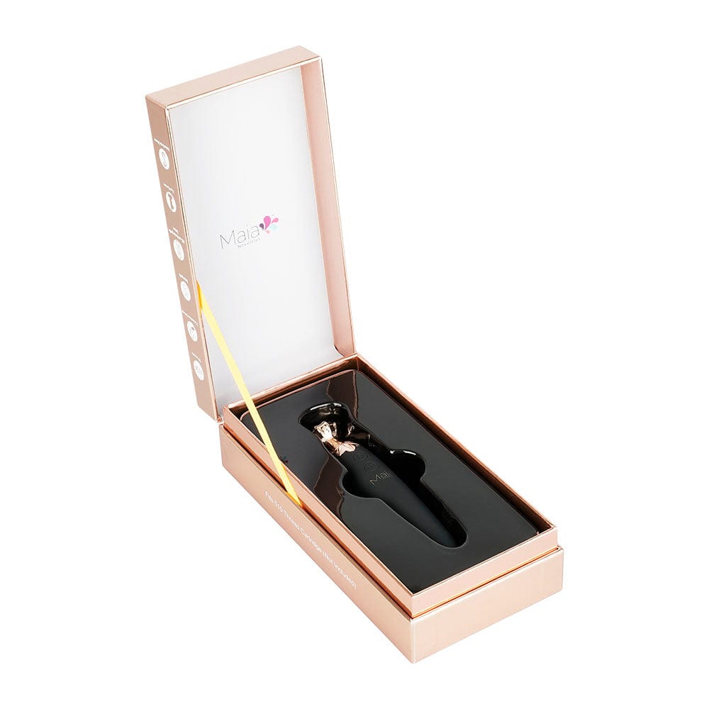 A top-down view of the open packaging for the Maia Novelties Vaporator 2-in-1| revealing the device inside.