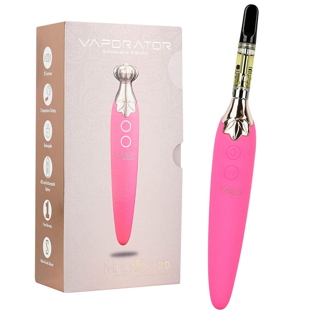 Front view of the Maia Novelties Vaporator 2-in-1| a sleek, pink device with button details, against a white background displaying product features.