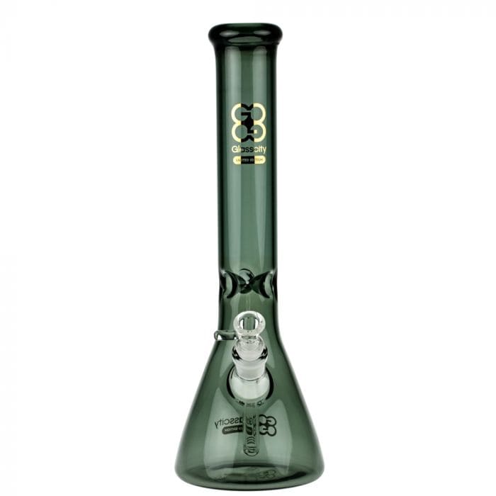 A studio shot of the Glasscity Limited Edition Black Beaker Ice Bong, showcasing its dark glass and classic beaker shape.