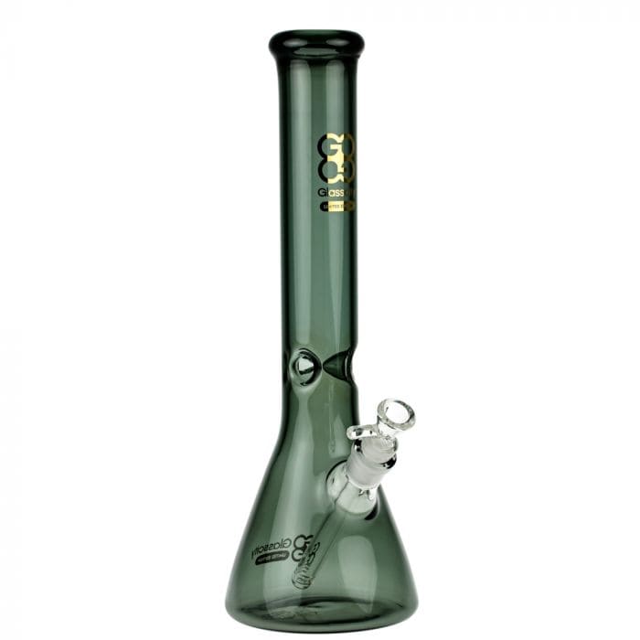 A studio shot of the Glasscity Limited Edition Black Beaker Ice Bong, angled to show its smooth black glass and beaker shape.