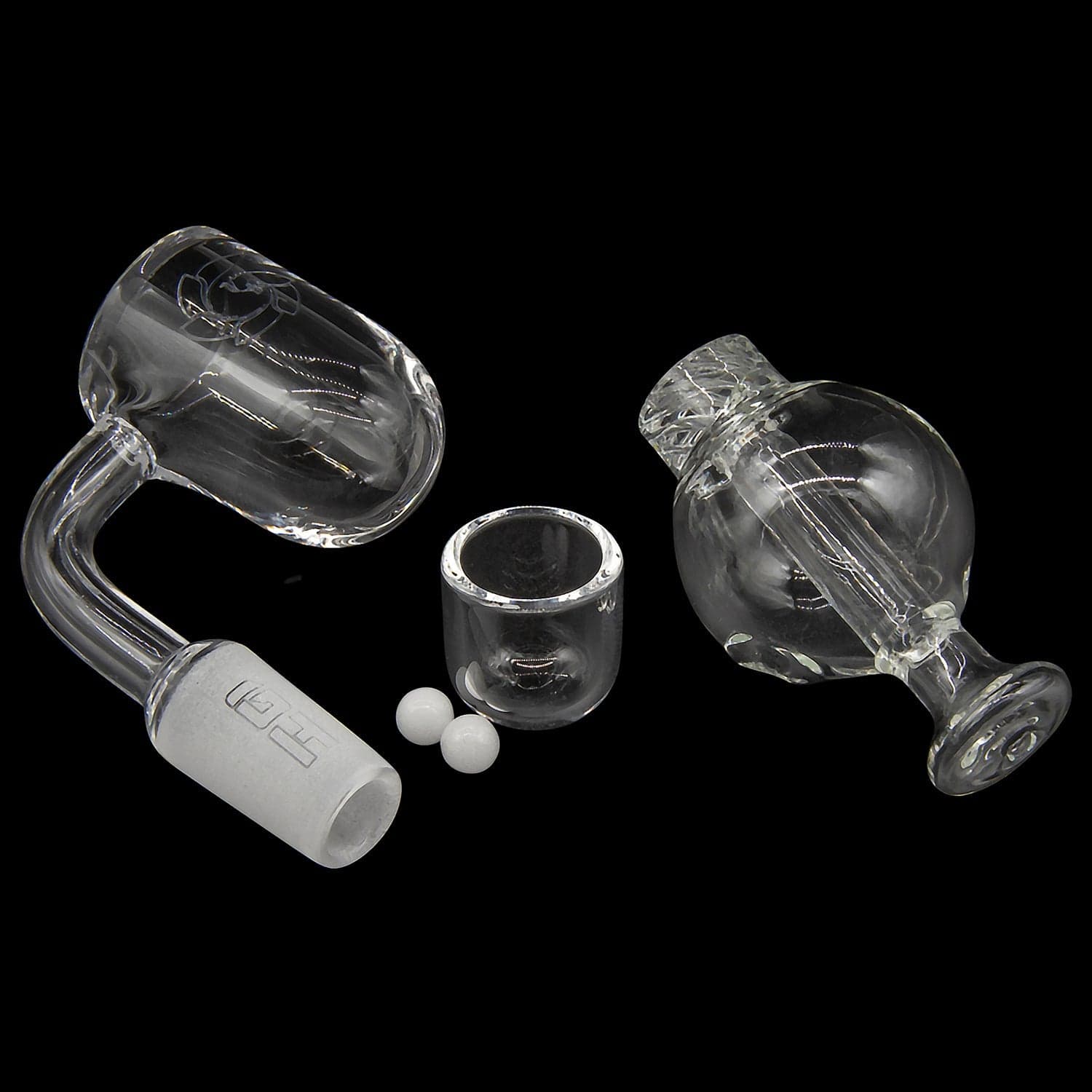 A studio shot of the Glasshouse "Ice Set" Rounded Base 25m Concave Flattop Full Quartz Kit, displaying the rounded glass base and included quartz pieces.