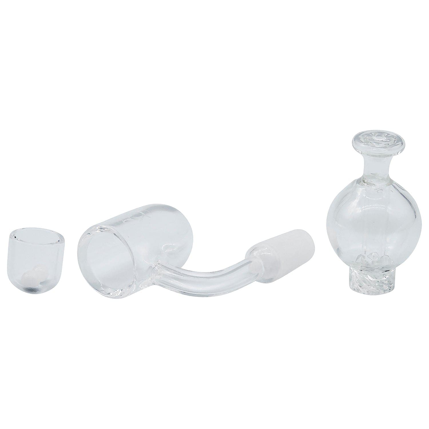 A slightly angled view of the Glasshouse "Ice Set" Rounded Base 25m Concave Flattop Full Quartz Kit, showing a clear glass piece with rounded features.