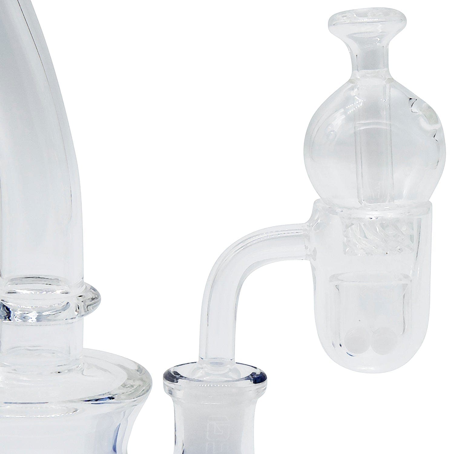 A close-up, angled view of the Glasshouse "Ice Set" Rounded Base kit, showcasing its clear quartz construction and smooth, concave flattop.