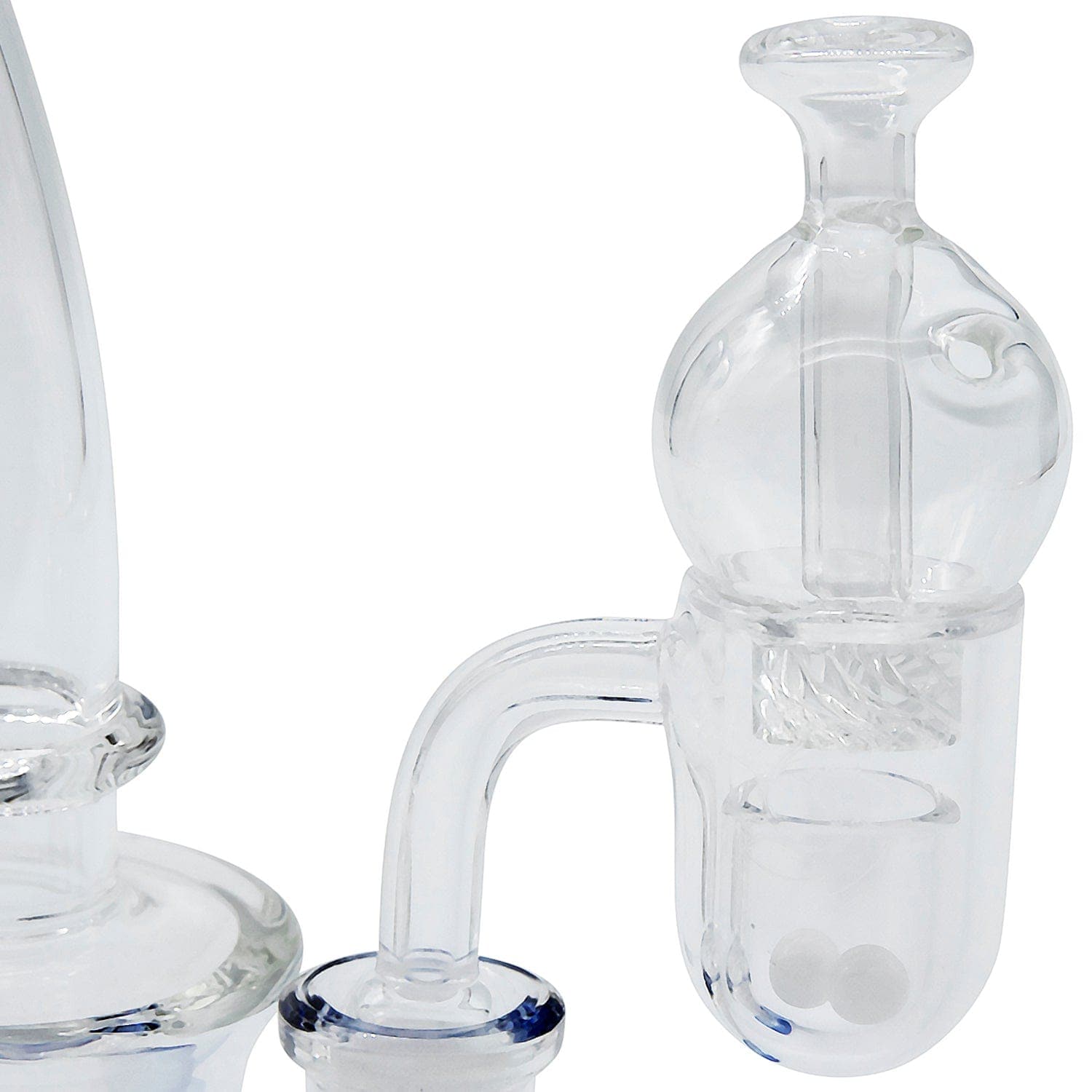 A slightly angled view of the Glasshouse "Ice Set" Rounded Base 25m Concave Flattop Full Quartz Kit, showcasing its clear glass construction.
