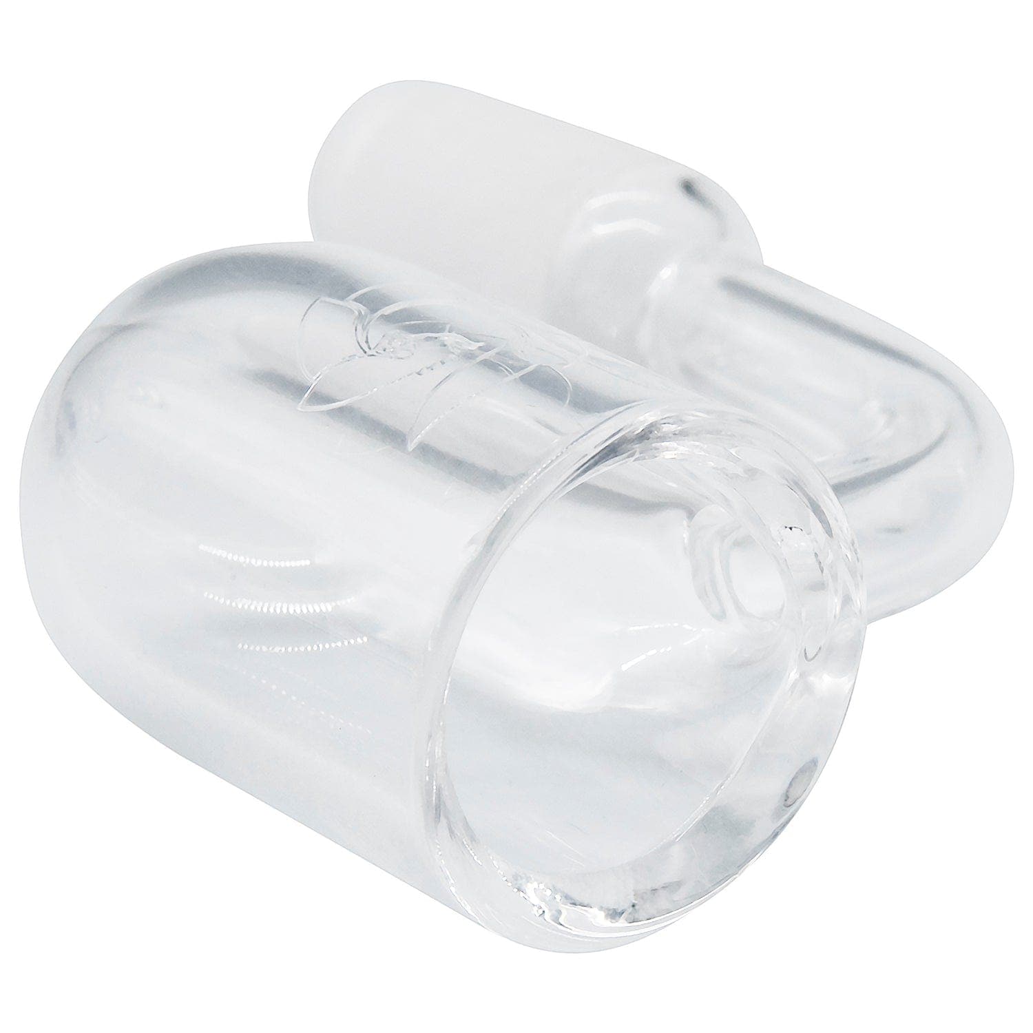 A close-up, angled view of the Glasshouse "Ice Set" Rounded Base Full Quartz Kit, showing its clear, concave flattop design.