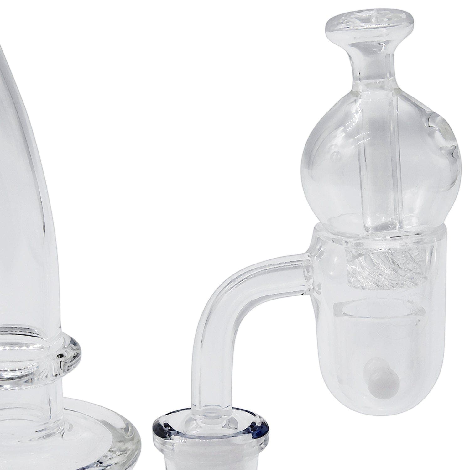 A close-up, angled view of the Glasshouse "Ice Set" Rounded Base 25m Concave Flattop Full Quartz Kit, showcasing its clear glass construction.