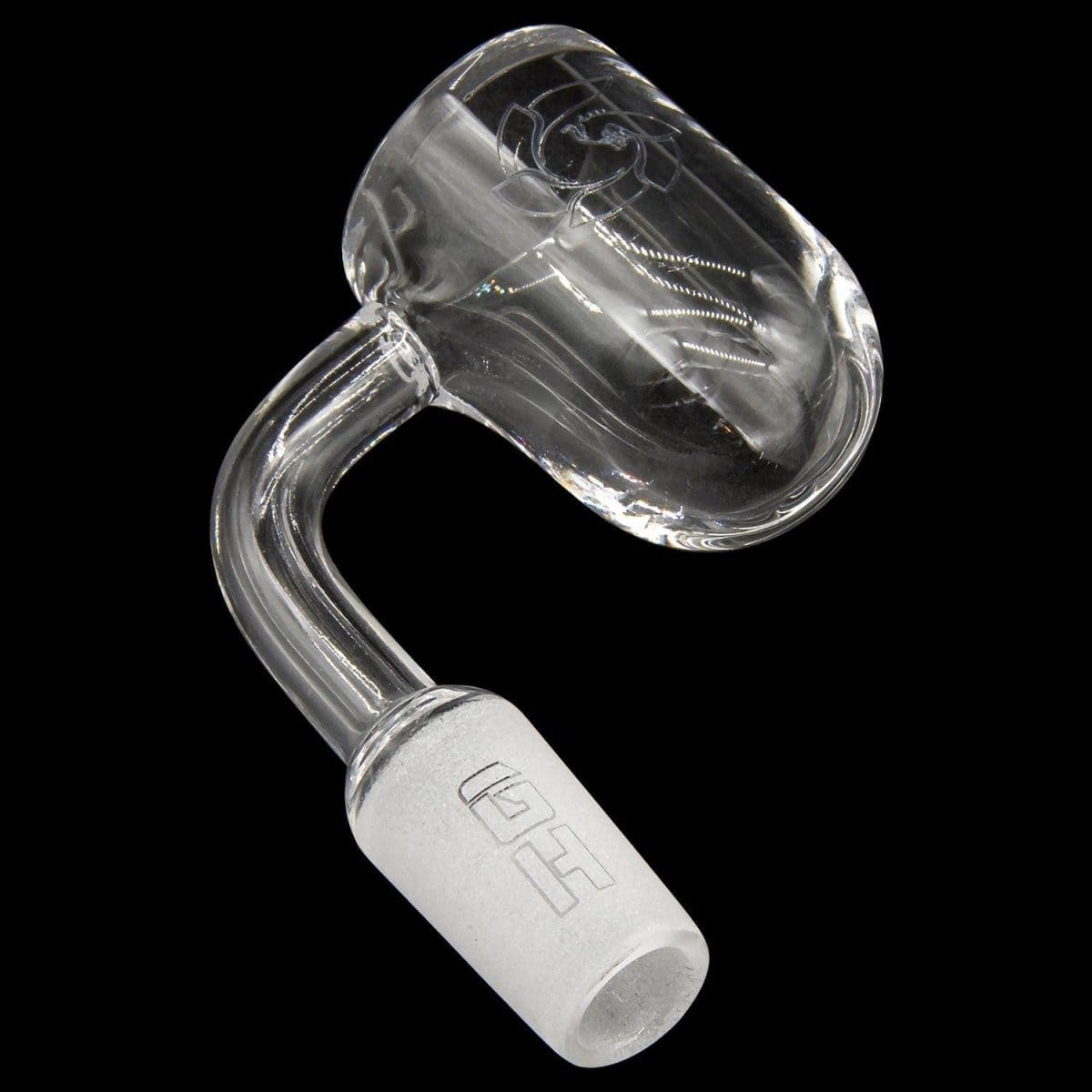 A close-up view of the Glasshouse "Ice Set" rounded base quartz kit, showcasing its concave flattop joint and clear glass construction.