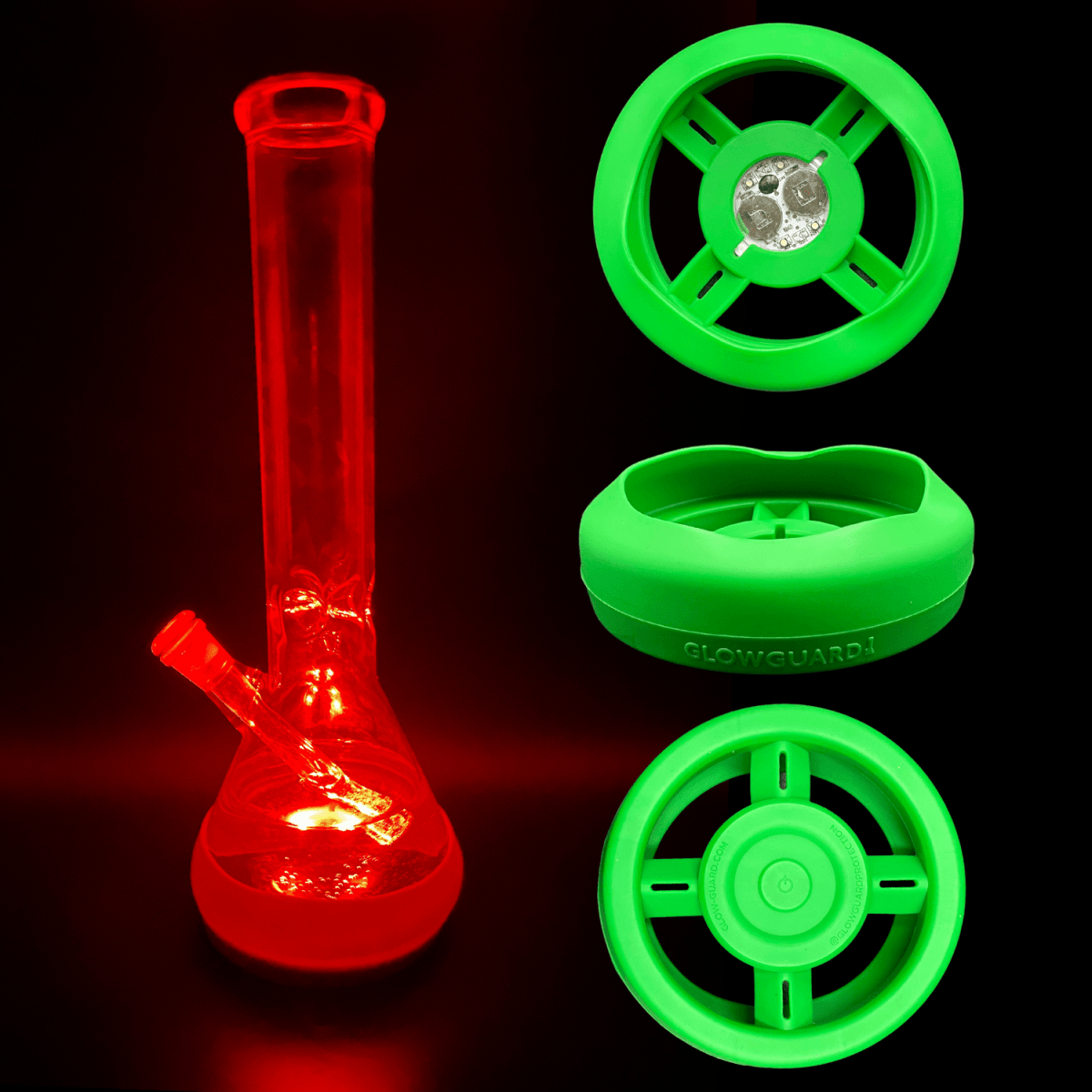 Top-down view of the Replaceable Coin Battery Silicone Base Bumper 4.25in-6in Straight Tube + Beaker, showcasing a circular, green silicone base.