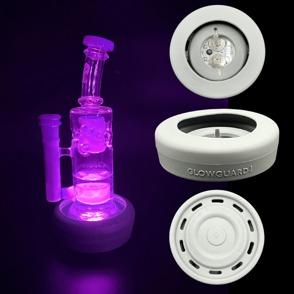 Front view of the Replaceable Coin Battery Silicone Base Bumper 3in-4.25in Straight Tube + Beaker Sleeve, a purple-lit, circular silicone sleeve.