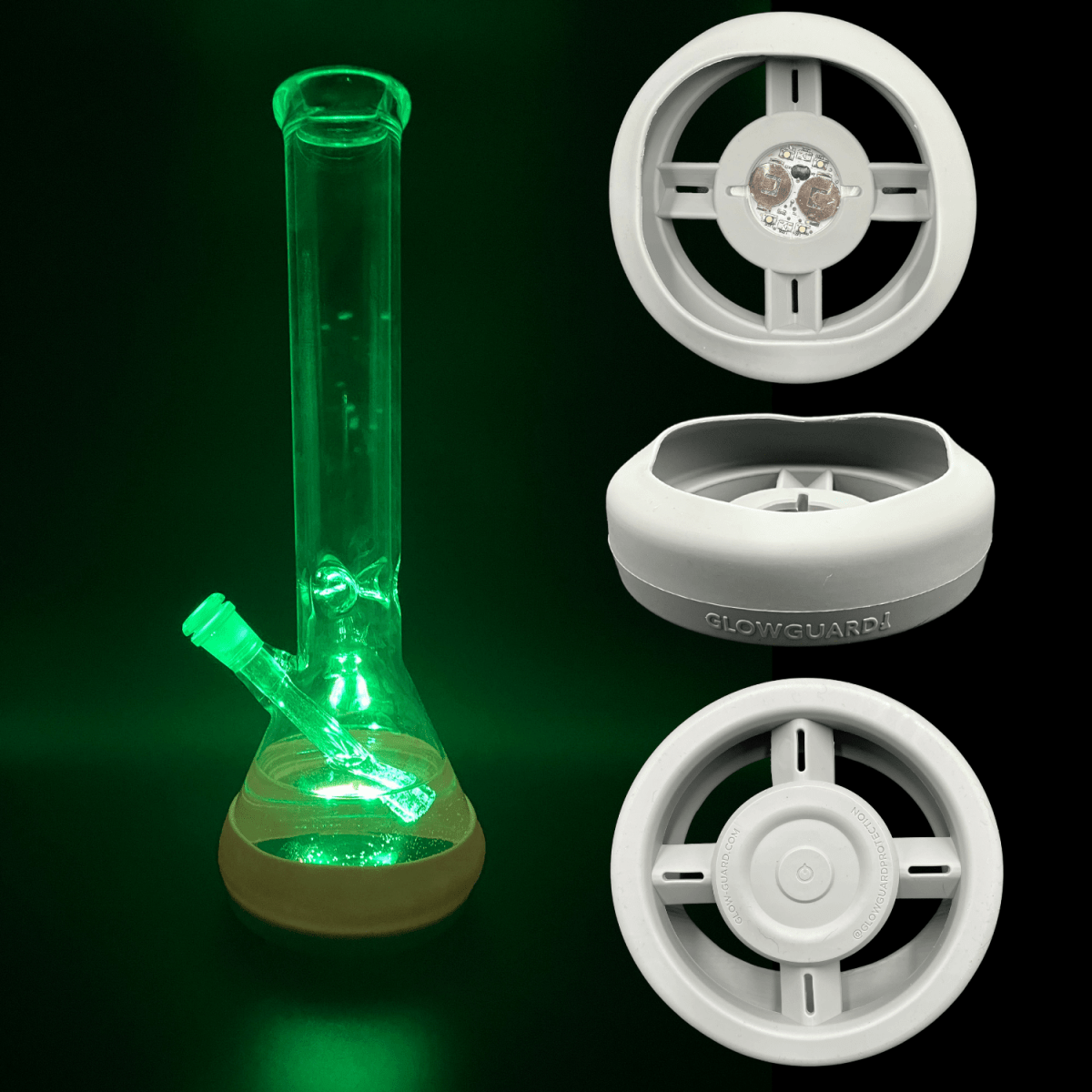 Front view of the USB Recharge Silicone Base Bumper for 4.25in-6in Bong Glass Water Pipe Straight Tube + Beaker, displaying a green-lit glass tube.