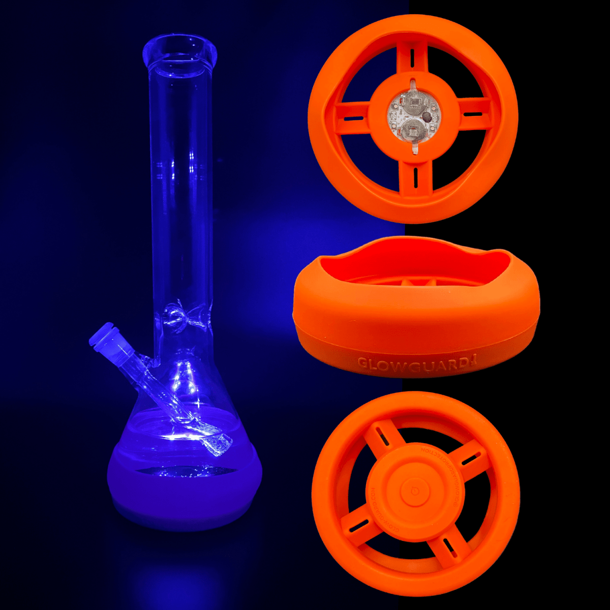 Front view of the Replaceable Coin Battery Silicone Base Bumper 4.25in-6in Straight Tube + Beaker, showing a circular silicone base in vibrant orange.