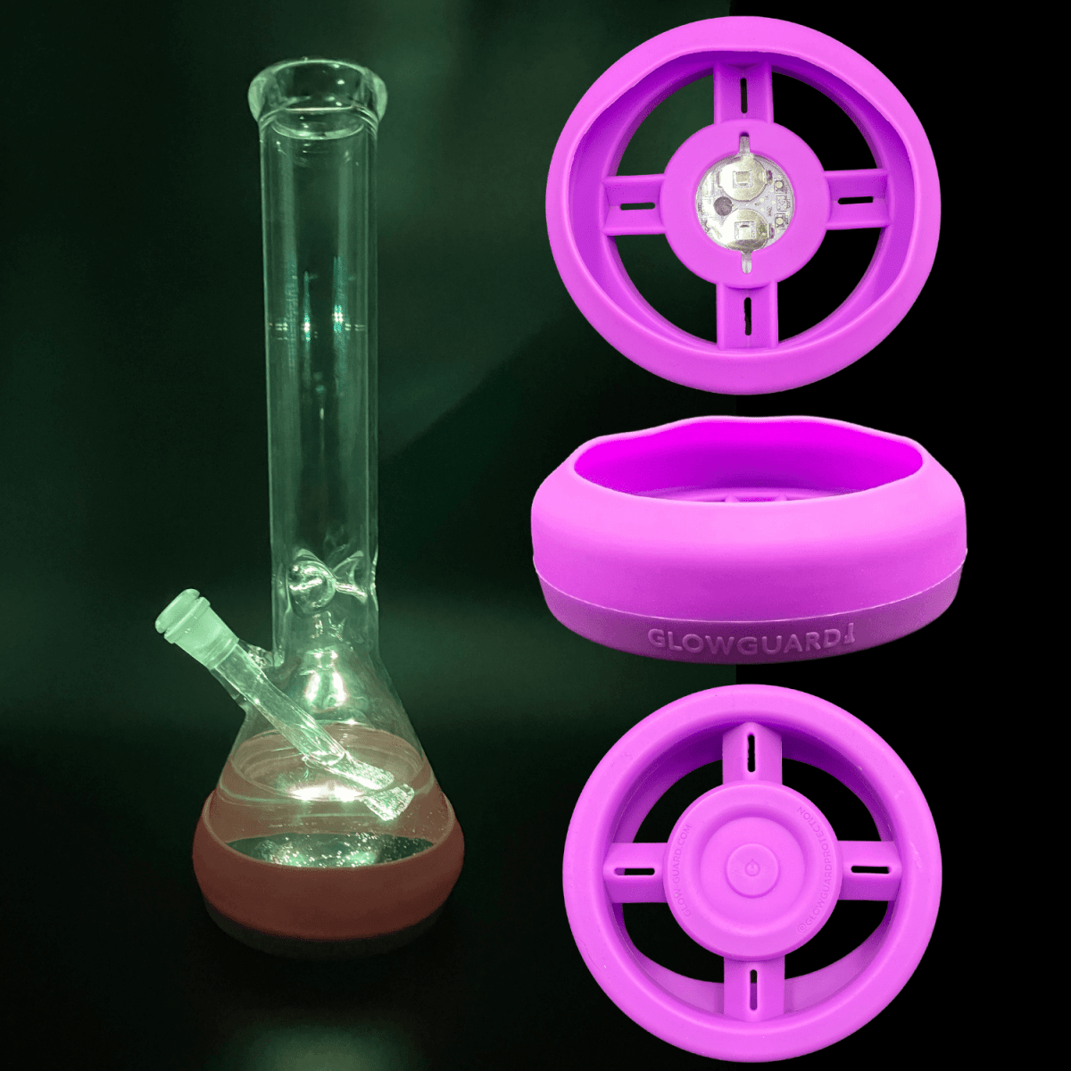 Front view of the Replaceable Coin Battery Silicone Base Bumper 4.25in-6in Straight Tube + Beaker, showing a purple, circular silicone base.