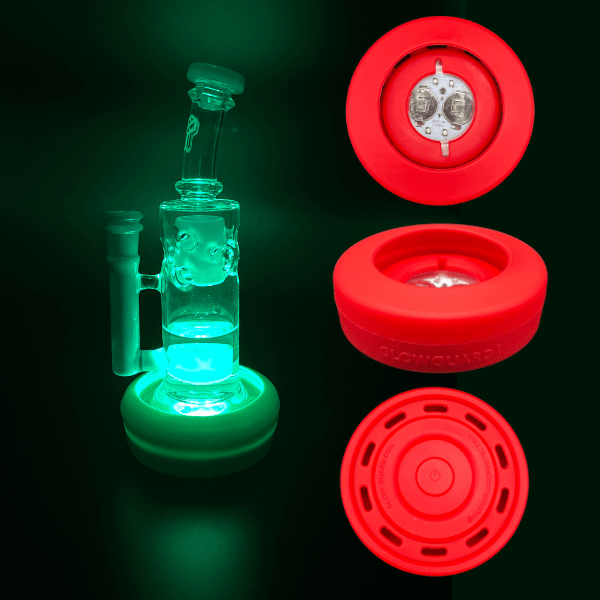 Front view of the Replaceable Coin Battery Silicone Base Bumper, a red, circular sleeve surrounding a clear glass tube.