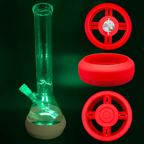 Front view of the USB Recharge Silicone Base Bumper for 4.25in-6in Bong Glass Water Pipe Straight Tube + Beaker, a red circular silicone base.
