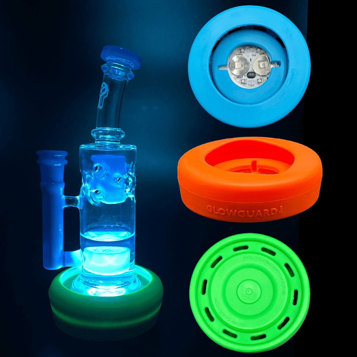 Front view of the Replaceable Coin Battery Silicone Base Bumper 3in-4.25in Straight Tube + Beaker Sleeve, illuminated with a blue glow.