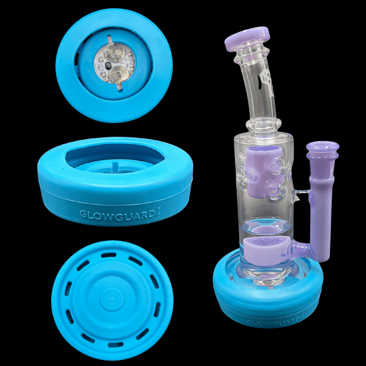 A front view of the Replaceable Coin Battery Silicone Base Bumper 3in-4.25in Straight Tube + Beaker Sleeve, showcasing its blue silicone base and clear glass tube.