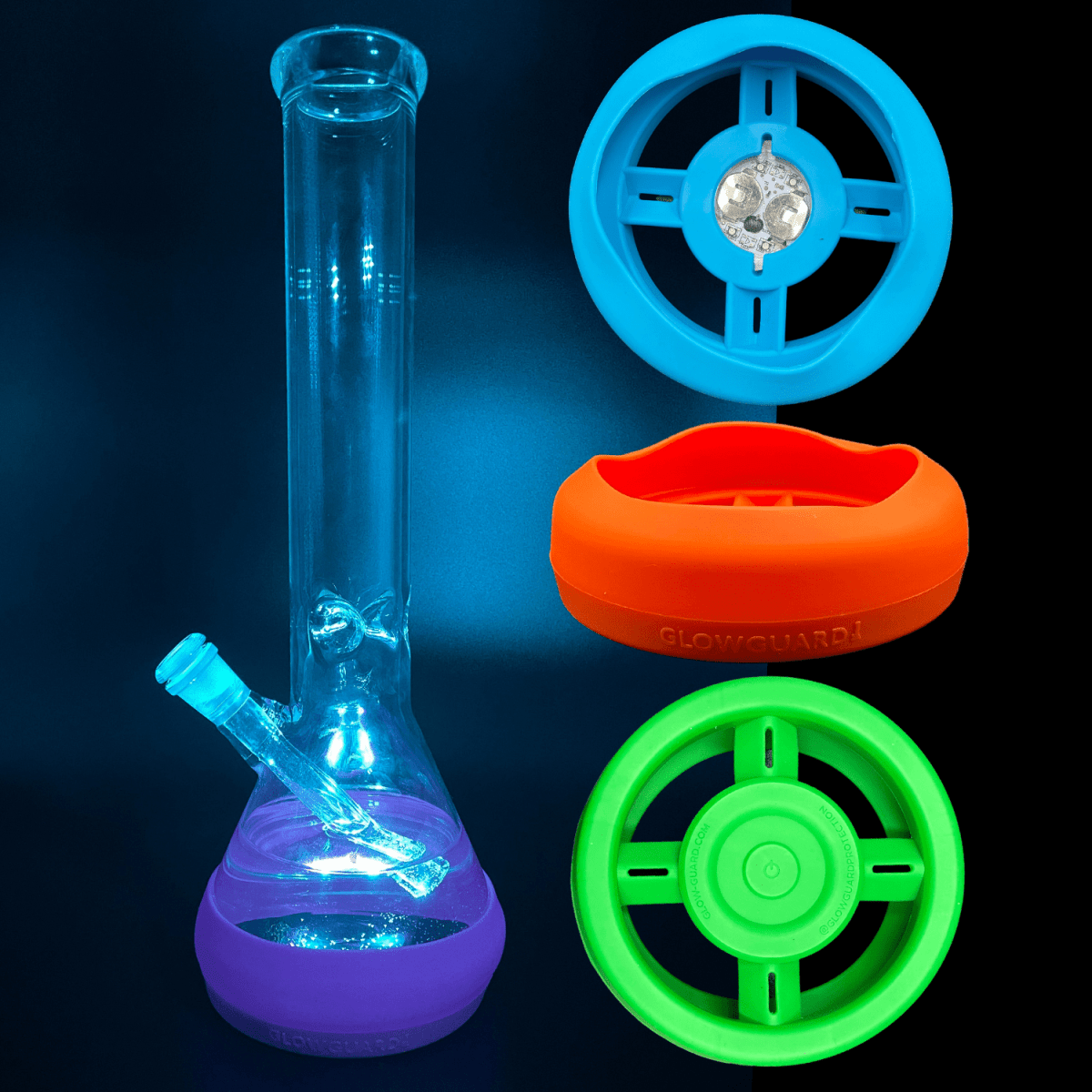 Front view of the Replaceable Coin Battery Silicone Base Bumper 4.25in-6in Straight Tube + Beaker, showcasing a bright blue protective sleeve.