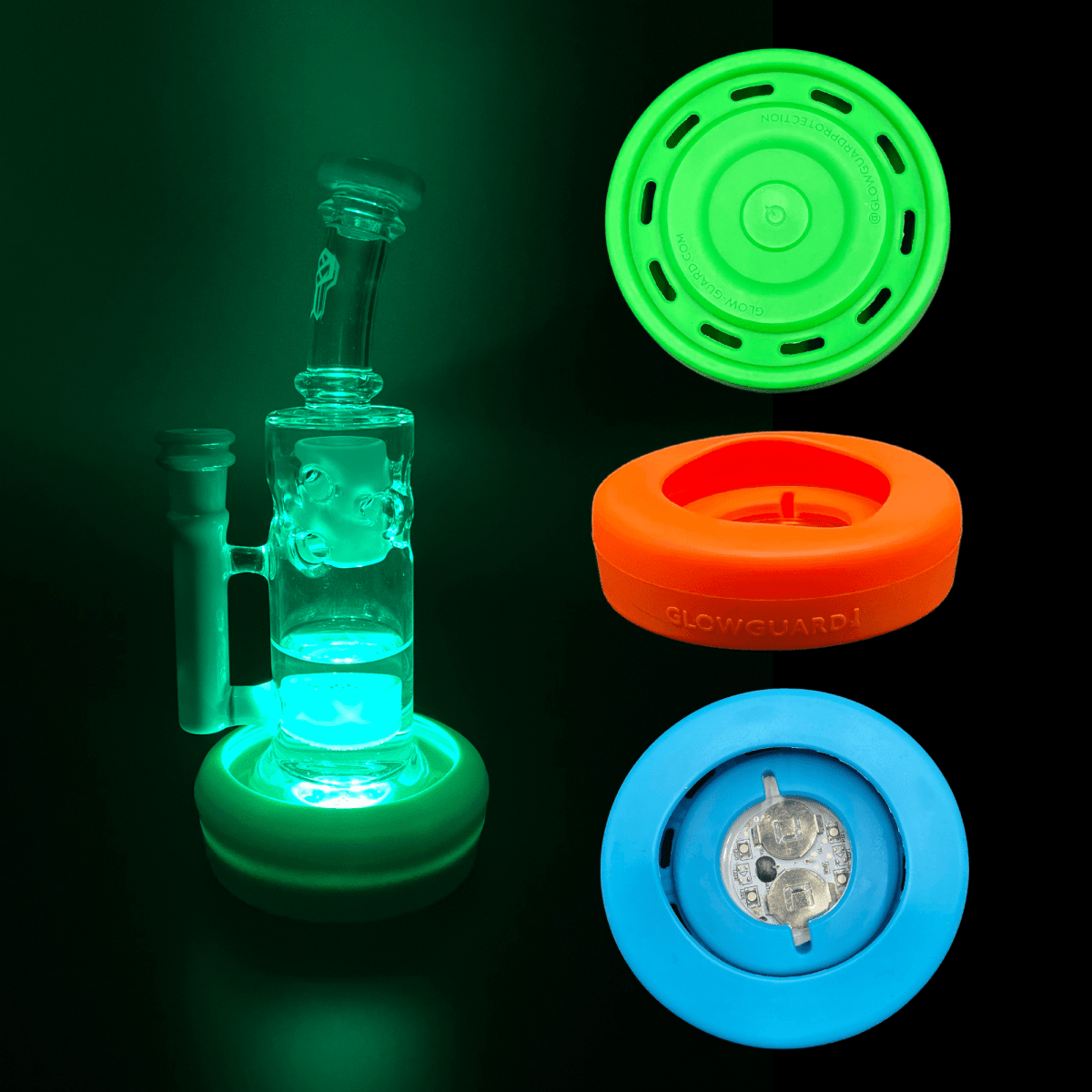 Front view of the USB Recharge Silicone Base Bumper, a green sleeve surrounding a clear glass tube.