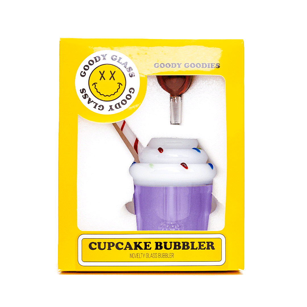 Front view of the Goody Cupcake Bubbler, a clear glass piece resembling a frosted cupcake with a subtle, rounded form.