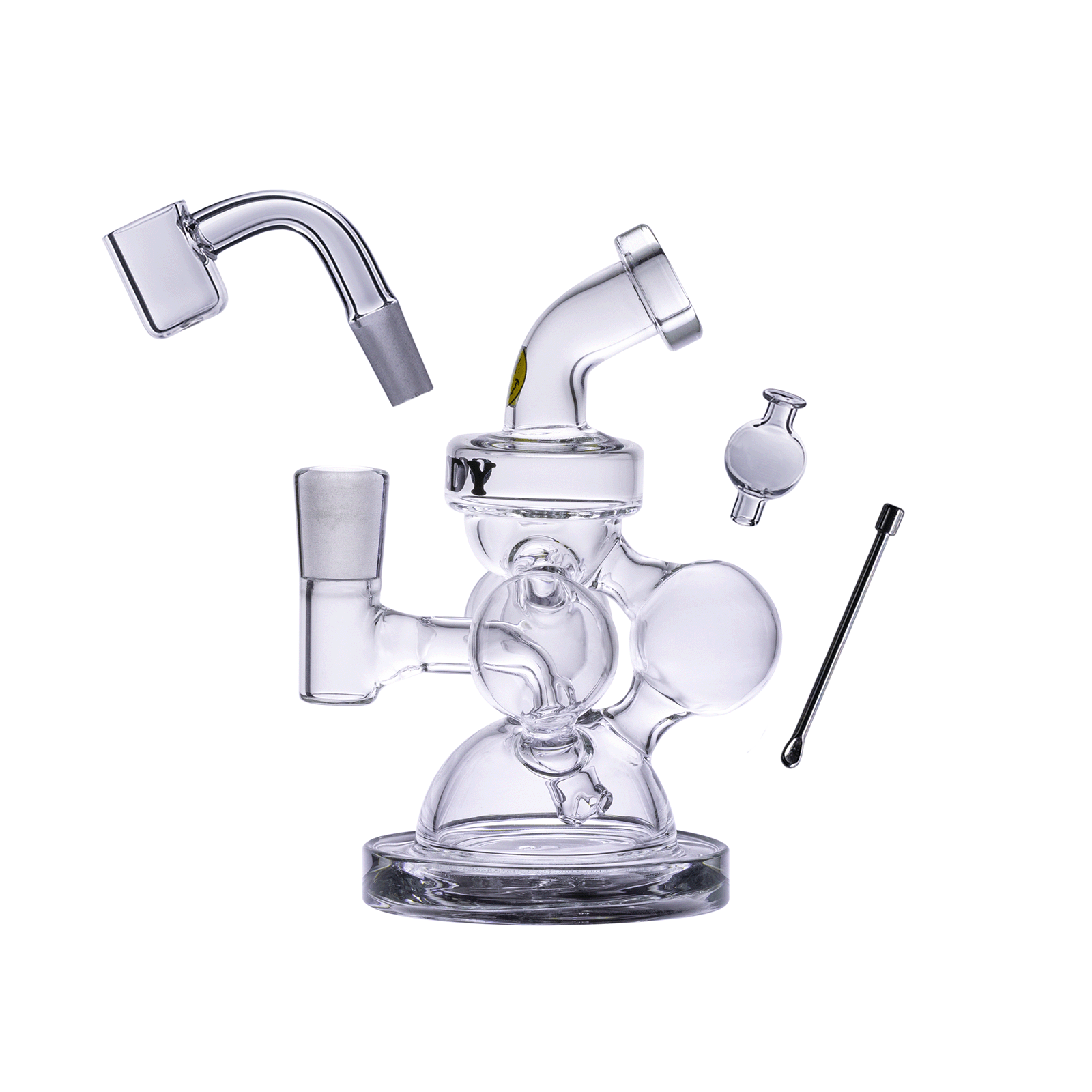 A slightly angled view of the Goofy Glass - Atom Mini Dab Rig 4-Piece Kit, showcasing the clear glass rig and included tools.