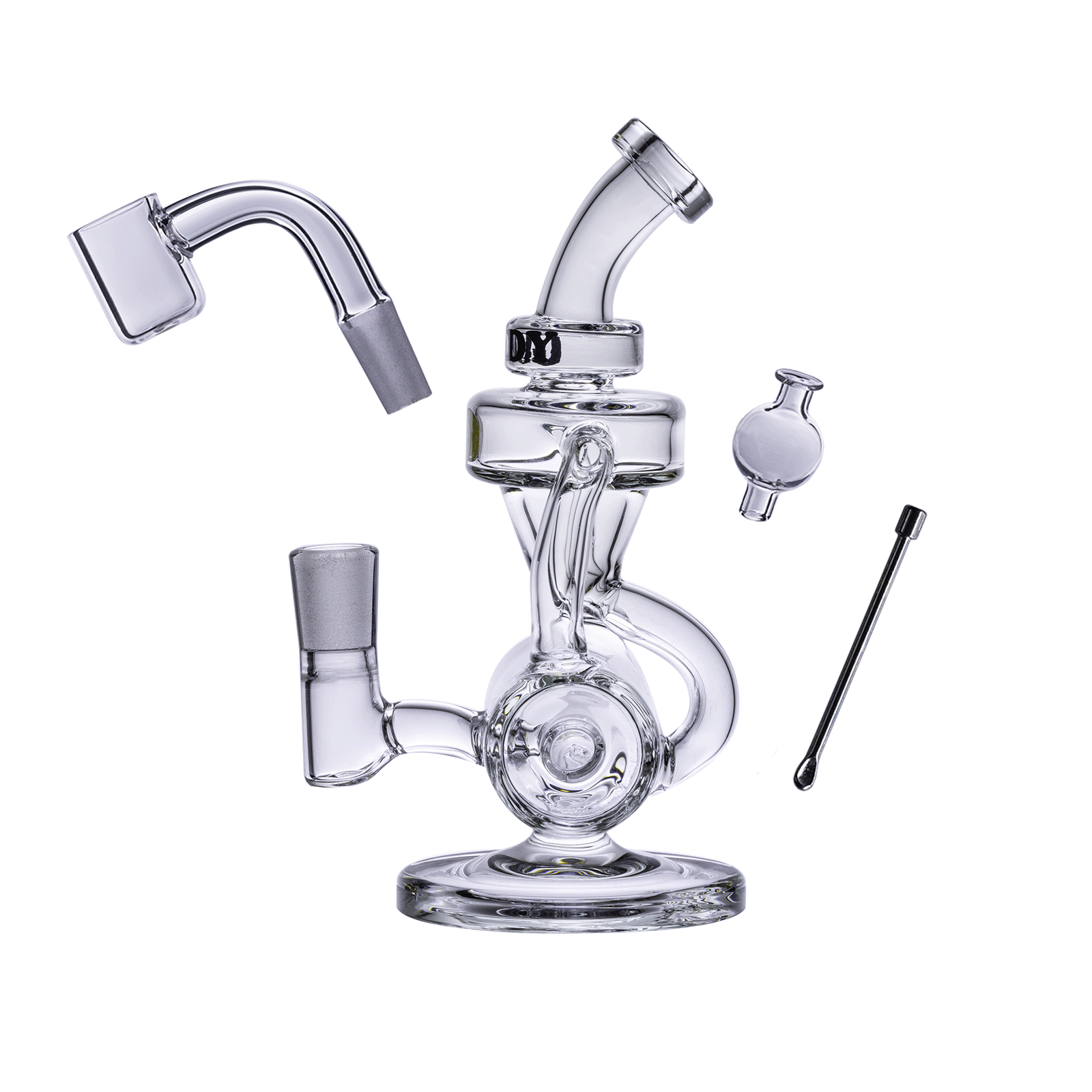 A three-quarter view of the Goody Glass - Drummer Boy Mini Dab Rig Recycler 4-Piece Kit, showing the clear glass recycler rig and accompanying accessories.