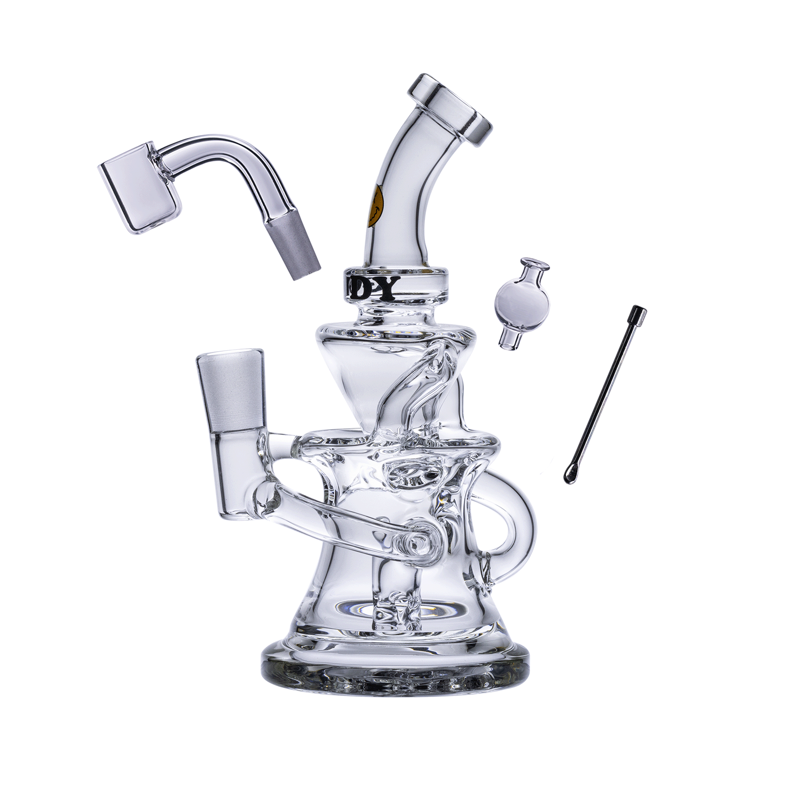 A three-quarter view of the Goody Glass - Miss Swiss Mini Dab Rig Recycler 4-Piece Kit, showcasing its clear glass construction and compact design.
