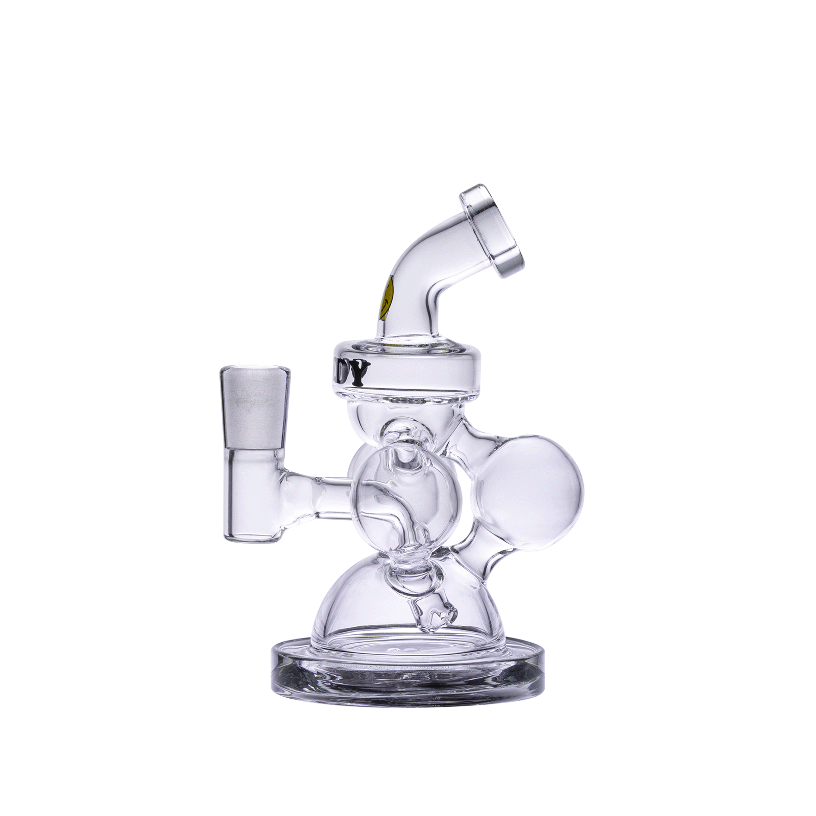 A three-quarter view of the Goody Glass - Atom Mini Dab Rig 4-Piece Kit, showing its compact size and clear glass construction.