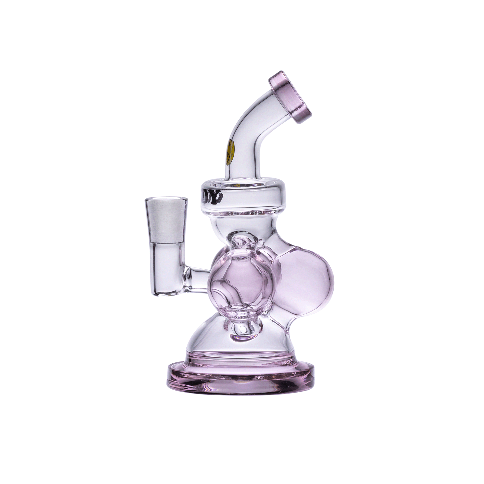 A three-quarter view of the Goody Glass - Atom Mini Dab Rig 4-Piece Kit, showcasing its compact size and purple-tinted glass construction.