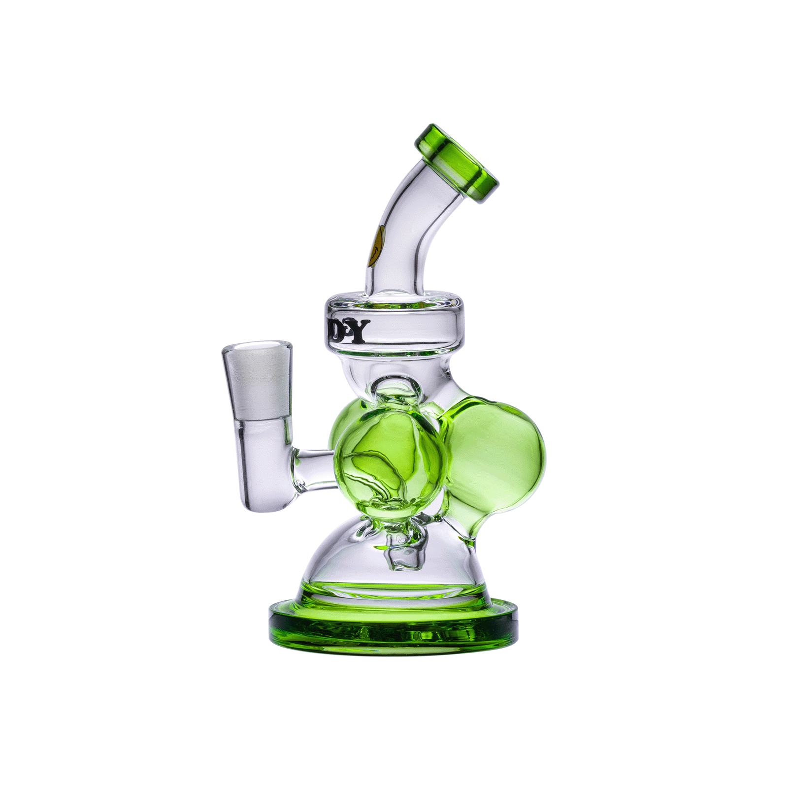 A front view of the Goody Glass - Atom Mini Dab Rig, showcasing its compact size and clear glass construction.