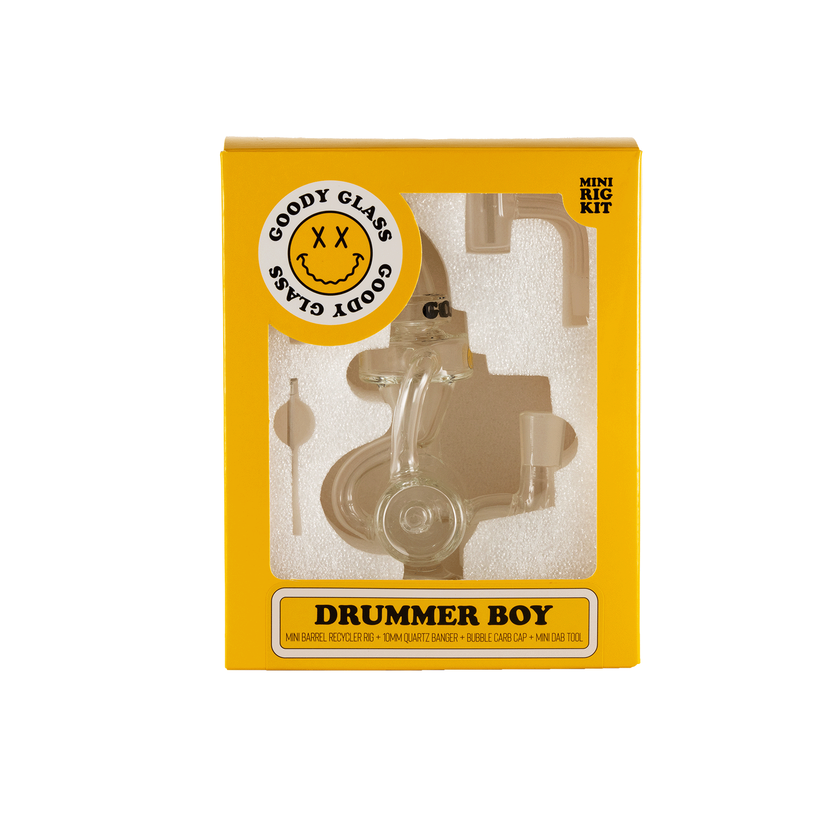 Front view of the Goody Glass - Drummer Boy Mini Dab Rig Recycler 4-Piece Kit, showcasing its compact size and clear glass construction.