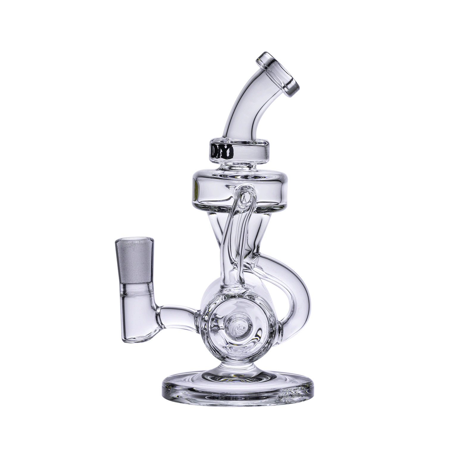 A three-quarter view of the Goody Glass - Drummer Boy Mini Dab Rig Recycler, showcasing its clear glass construction and unique recycler design.