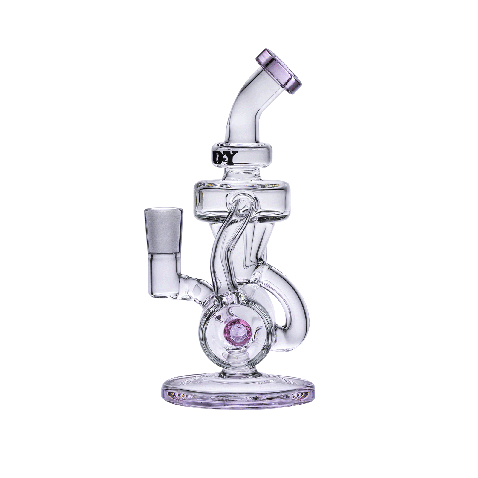 A studio shot of the Goody Glass - Drummer Boy Mini Dab Rig Recycler, showcasing its clear glass construction and compact recycler design.