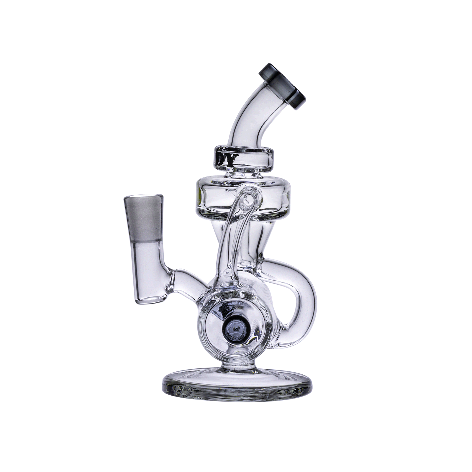 A three-quarter view of the Goody Glass - Drummer Boy Mini Dab Rig Recycler, showing its clear glass construction and compact design.