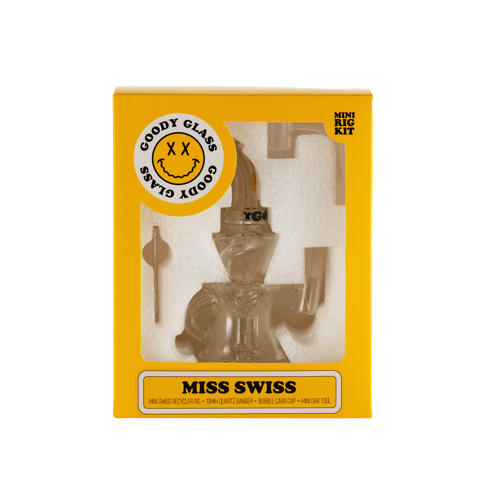 A front view of the Goody Glass - Miss Swiss Mini Dab Rig Recycler kit, showing the small glass rig on a black background.