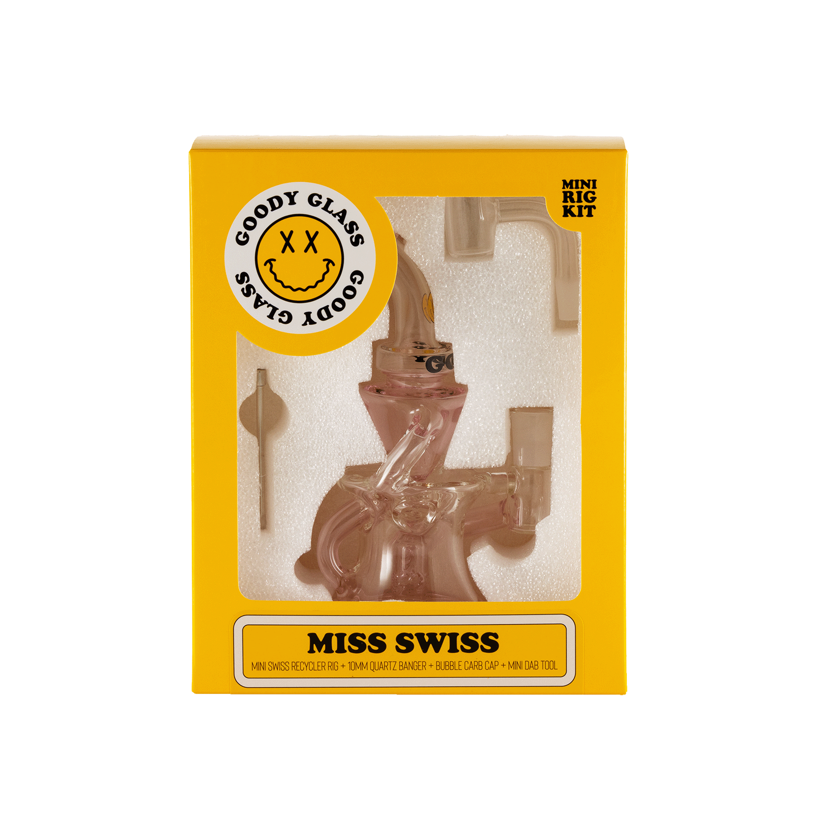 A front view of the Goody Glass - Miss Swiss Mini Dab Rig Recycler 4-Piece Kit, with visible glass components and branding on a black background.