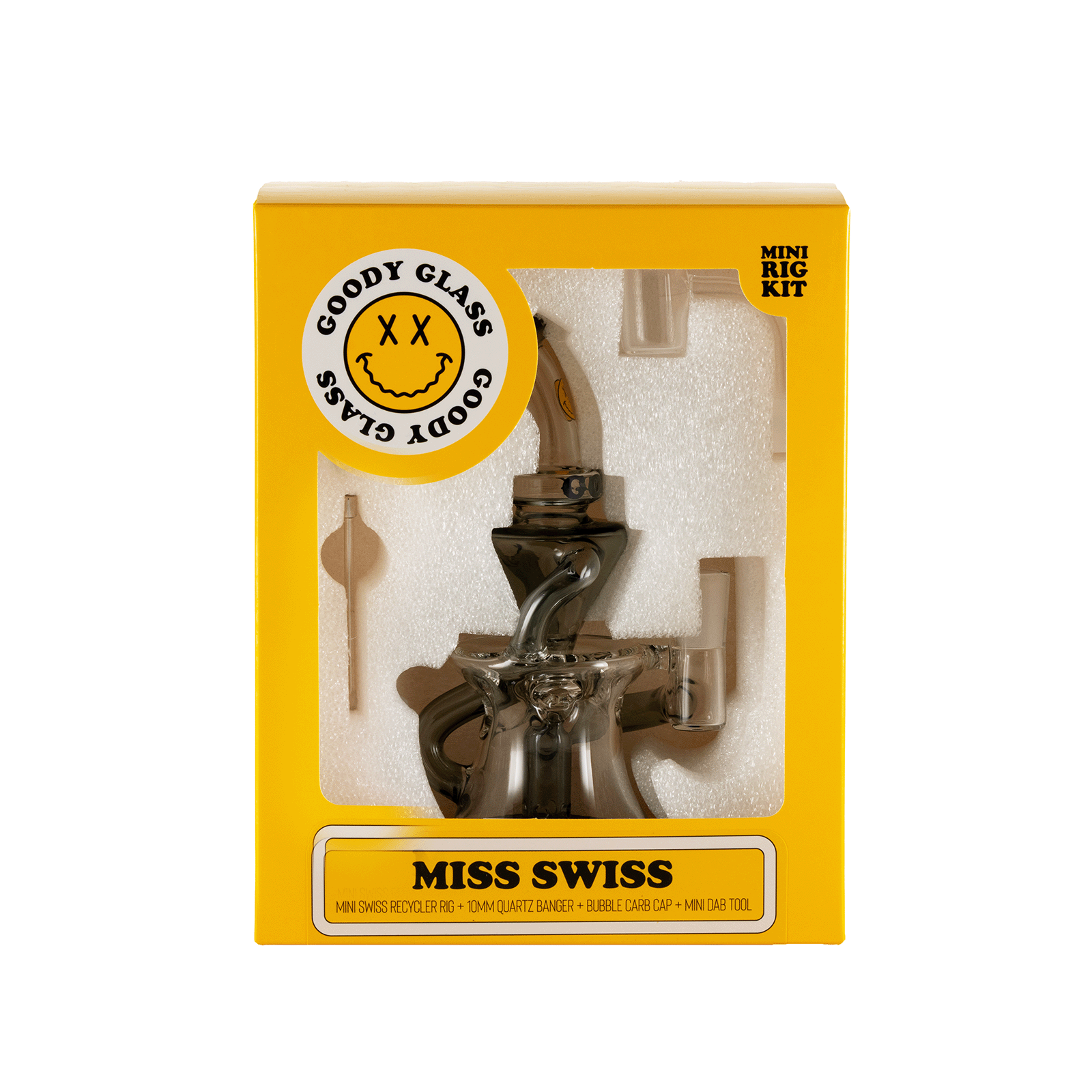 Front view of the Goody Glass - Miss Swiss Mini Dab Rig Recycler 4-Piece Kit, showing a compact rig against a black background.