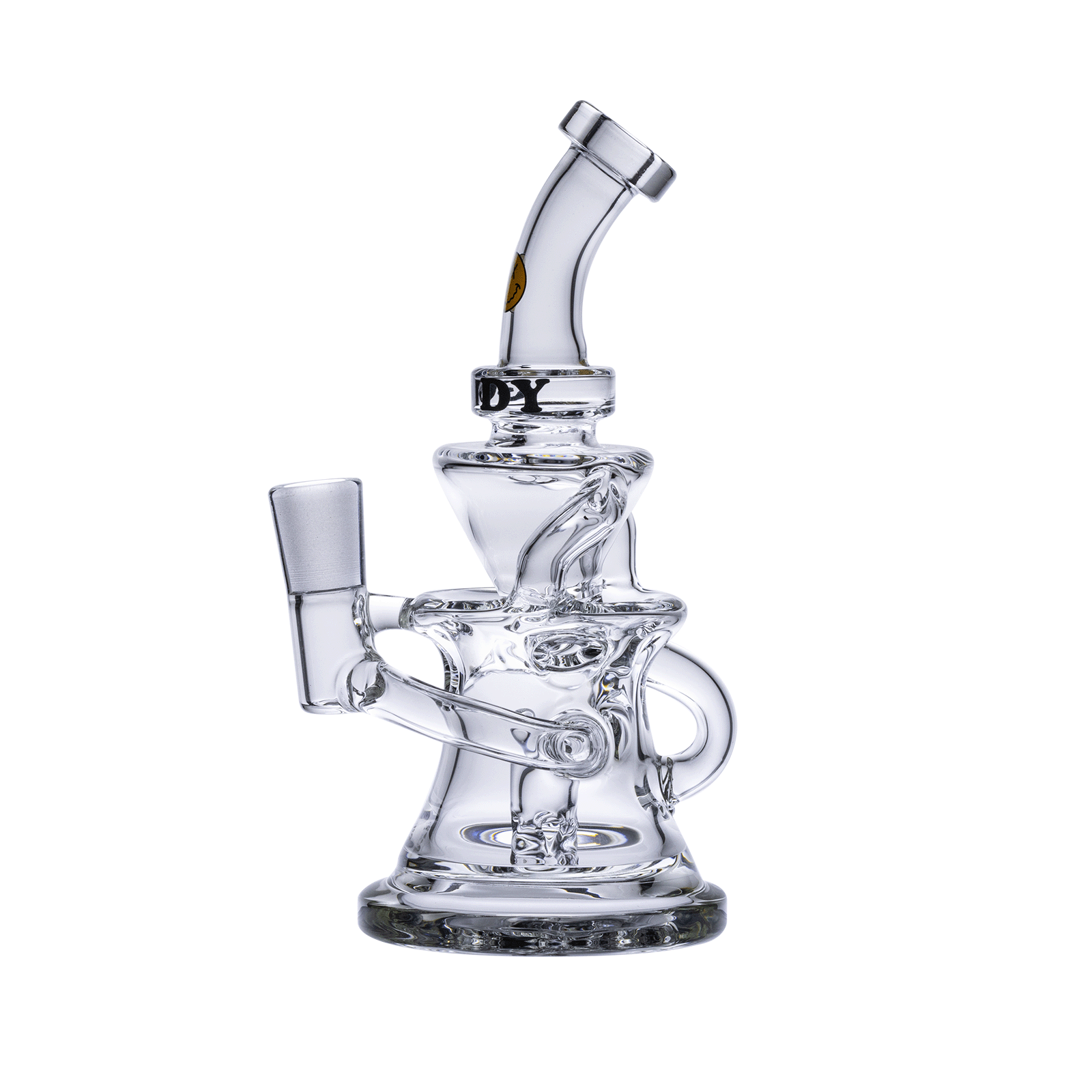 A three-quarter view of the Goody Glass - Miss Swiss Mini Dab Rig Recycler, showcasing its clear glass construction and compact size.