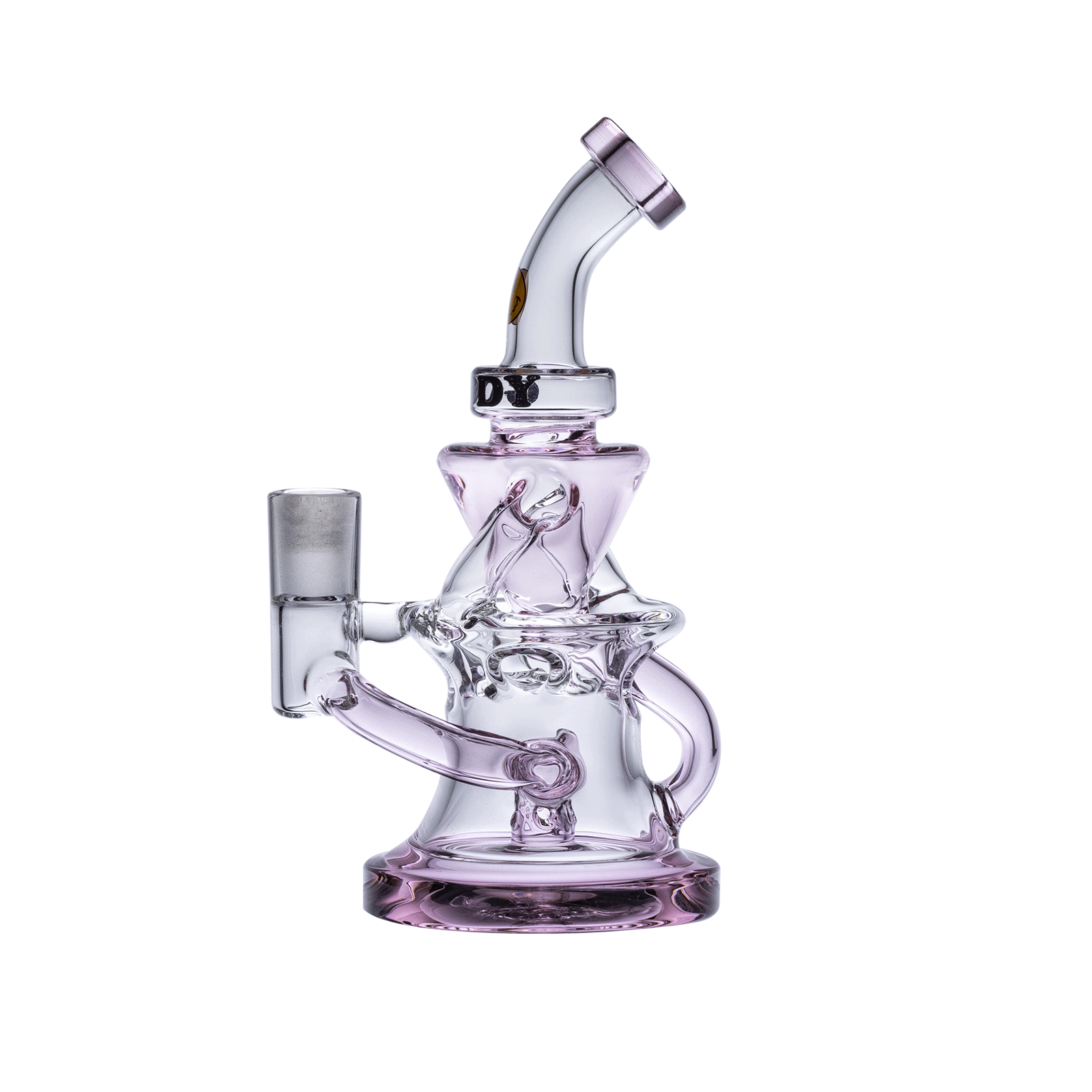 A three-quarter view of the Goody Glass - Miss Swiss Mini Dab Rig Recycler, showcasing its compact size and pale purple glass.