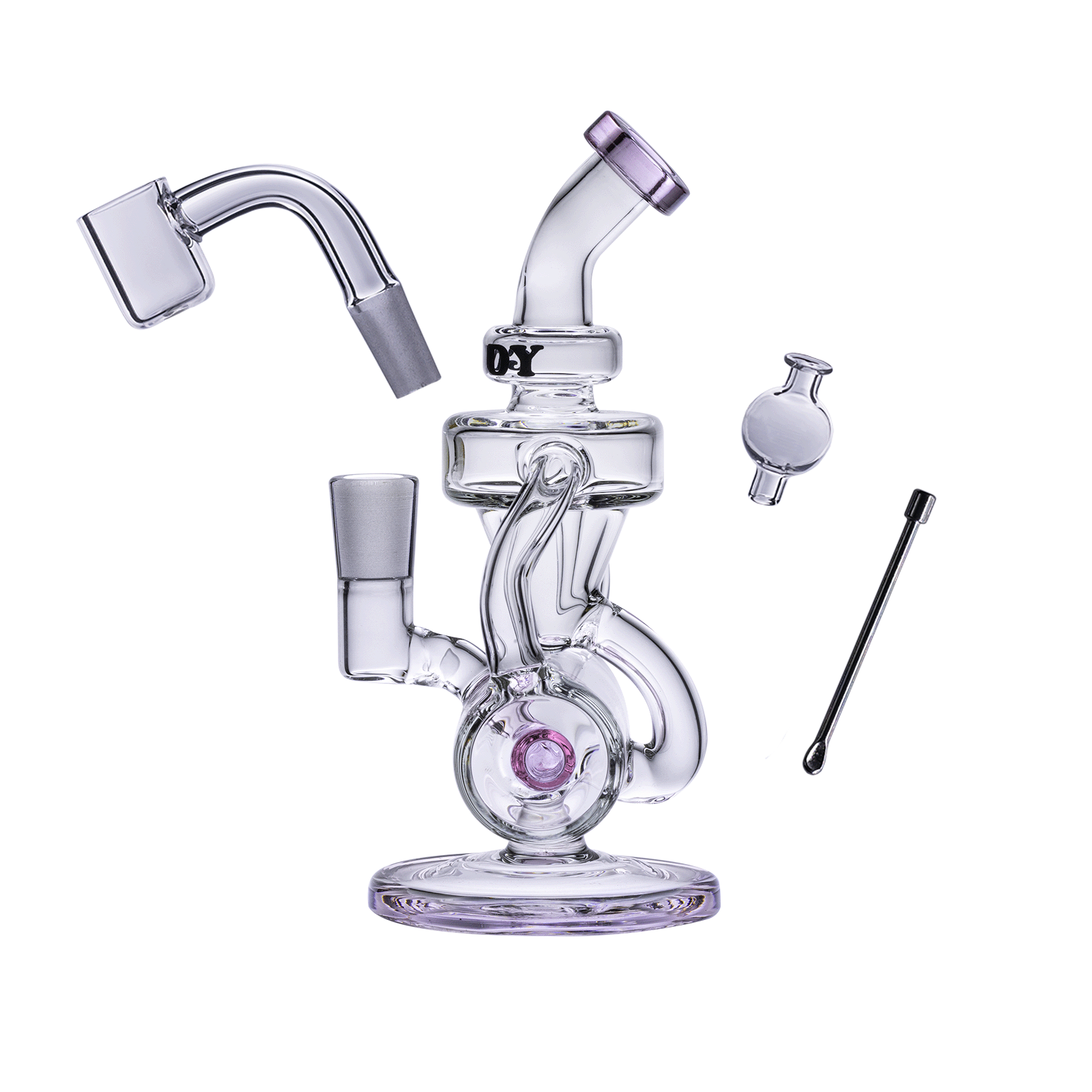 A three-quarter view of the Goody Glass - Drummer Boy Mini Dab Rig Recycler 4-Piece Kit, showcasing the clear glass and compact recycler design.