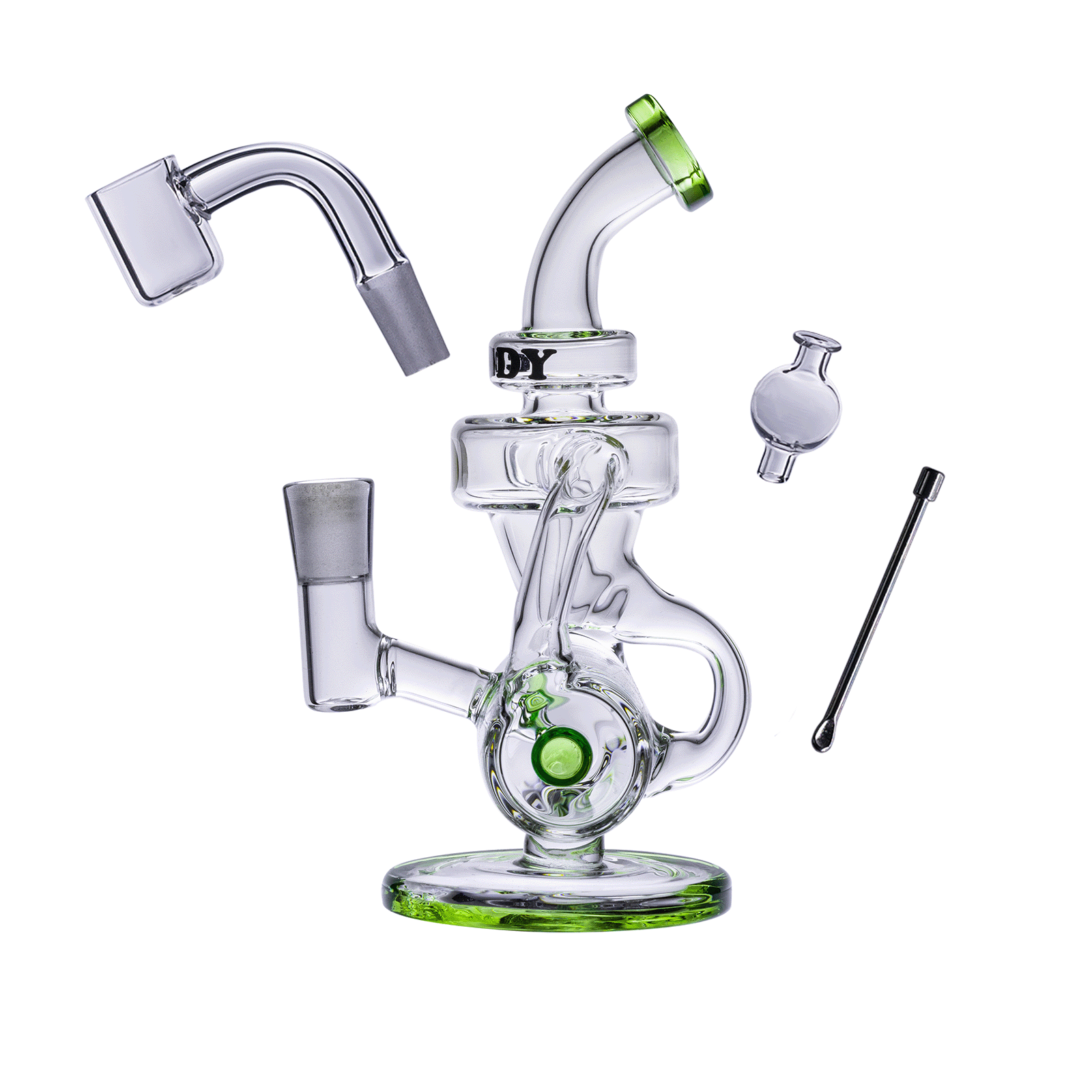 A slightly angled view of the Goody Glass - Drummer Boy Mini Dab Rig Recycler 4-Piece Kit, displaying the clear glass recycler with a connected bowl.