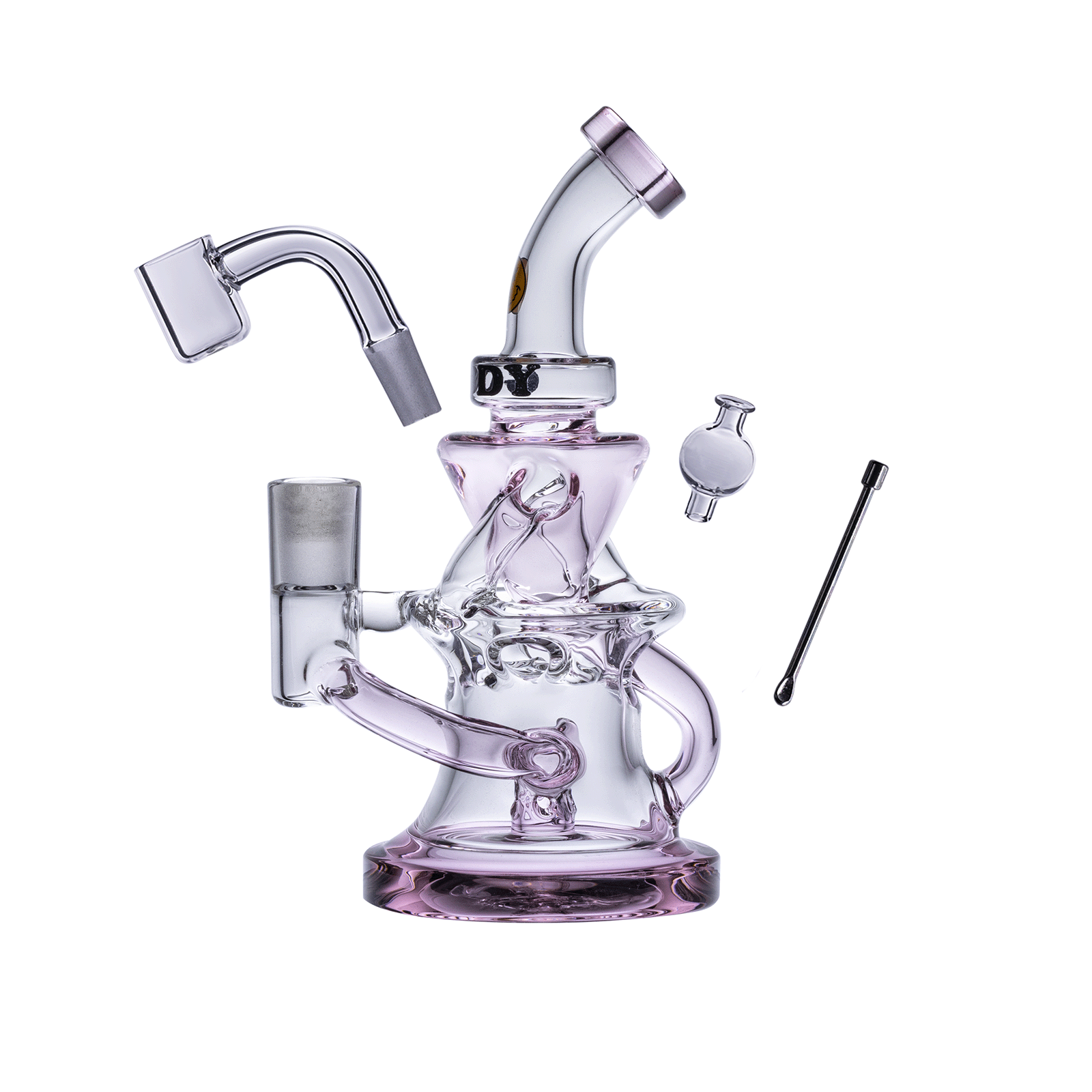 A three-quarter view of the Goody Glass - Miss Swiss Mini Dab Rig Recycler 4-Piece Kit, showcasing its clear glass construction and compact design.