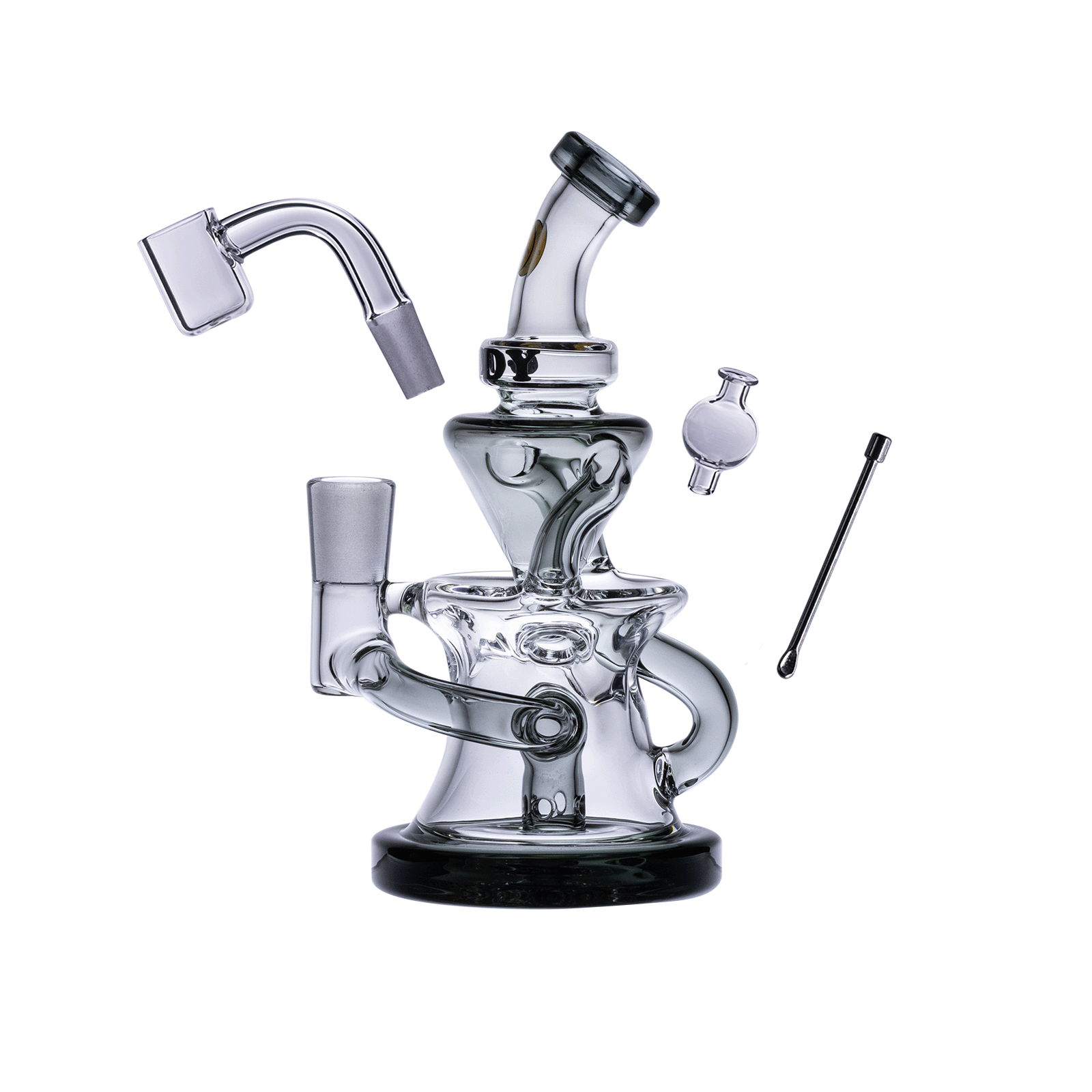 A slightly angled view of the Goody Glass - Miss Swiss Mini Dab Rig Recycler 4-Piece Kit, showcasing its clear glass construction and compact size.