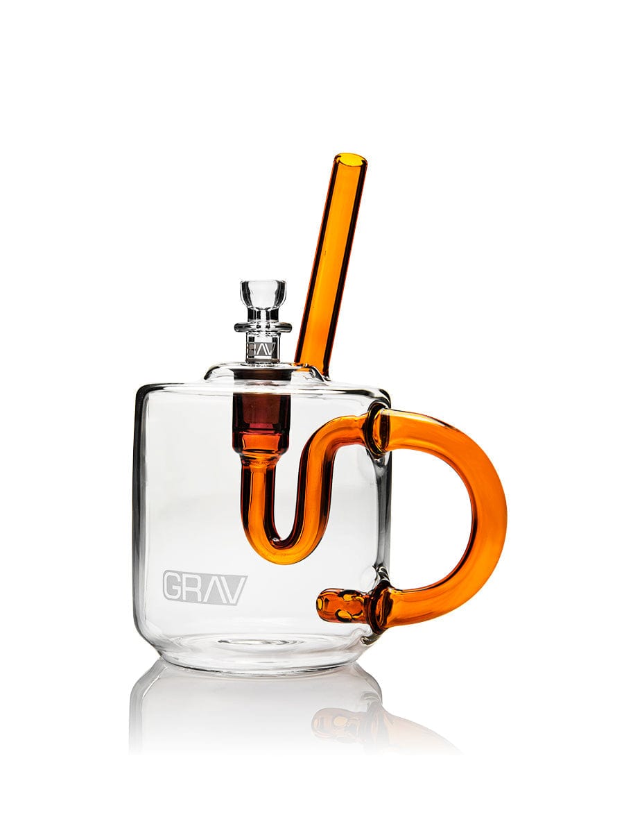 A side view of the GRAV® Coffee Mug Bubbler, showcasing its curved glass neck and clear design against a bright white background.