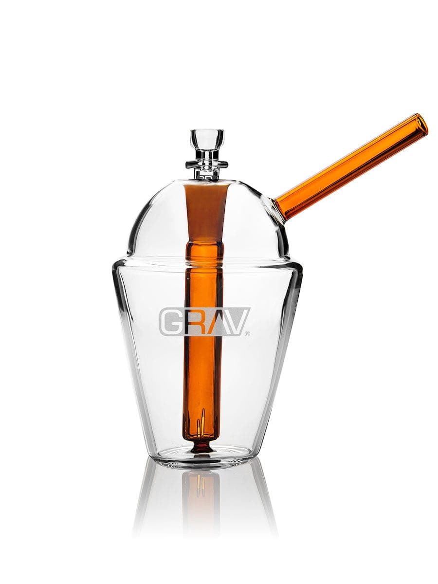 A front view of the GRAV® Slush Cup Bong, showcasing its clear glass construction and unique, rounded shape.