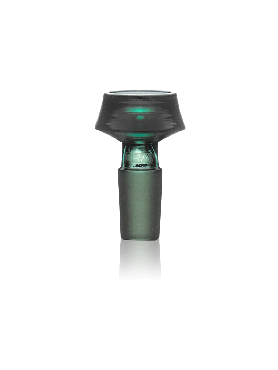 A studio shot of the GRAV® 14mm Caldera Bowl, highlighting its dark glass and simple, rounded shape.