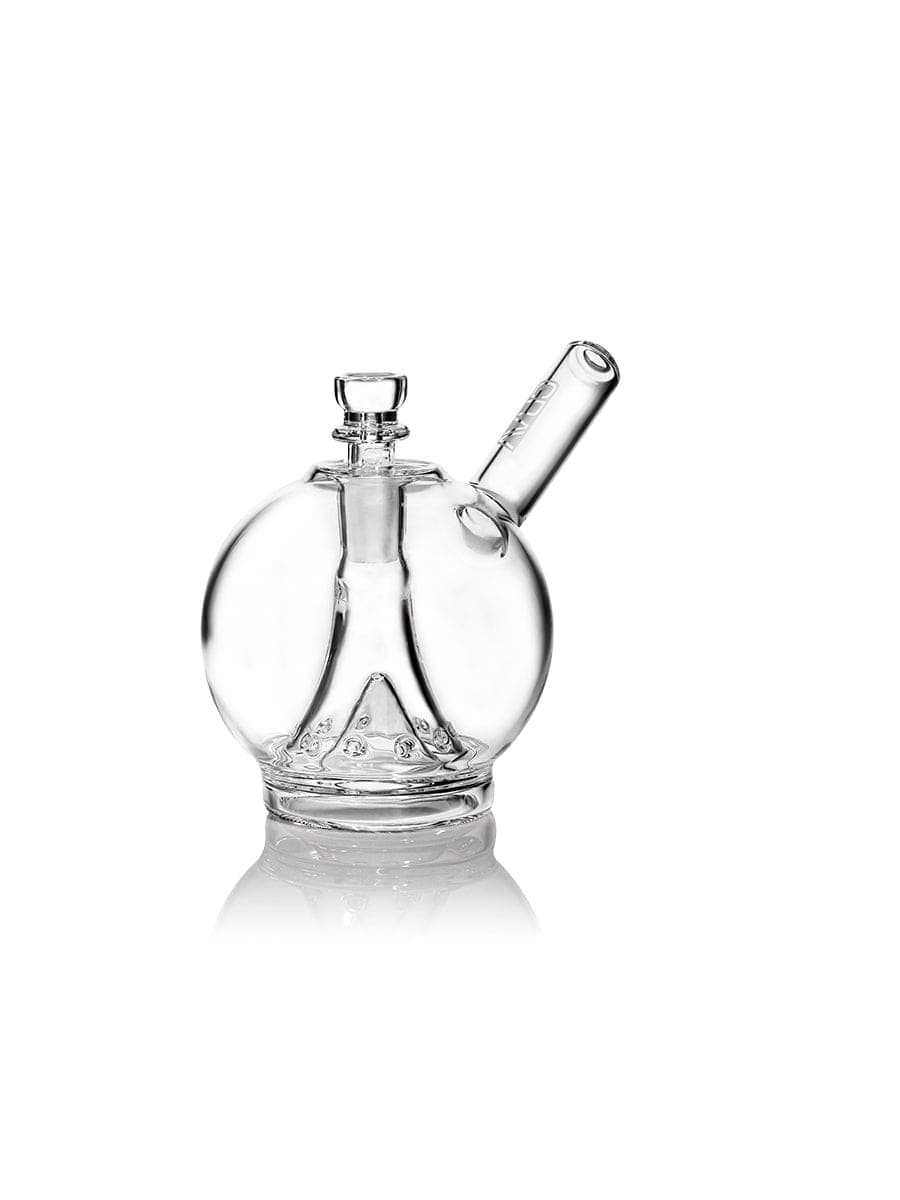 A studio shot of the GRAV® Globe Bubbler, showcasing its clear glass sphere and simple design against a white backdrop.