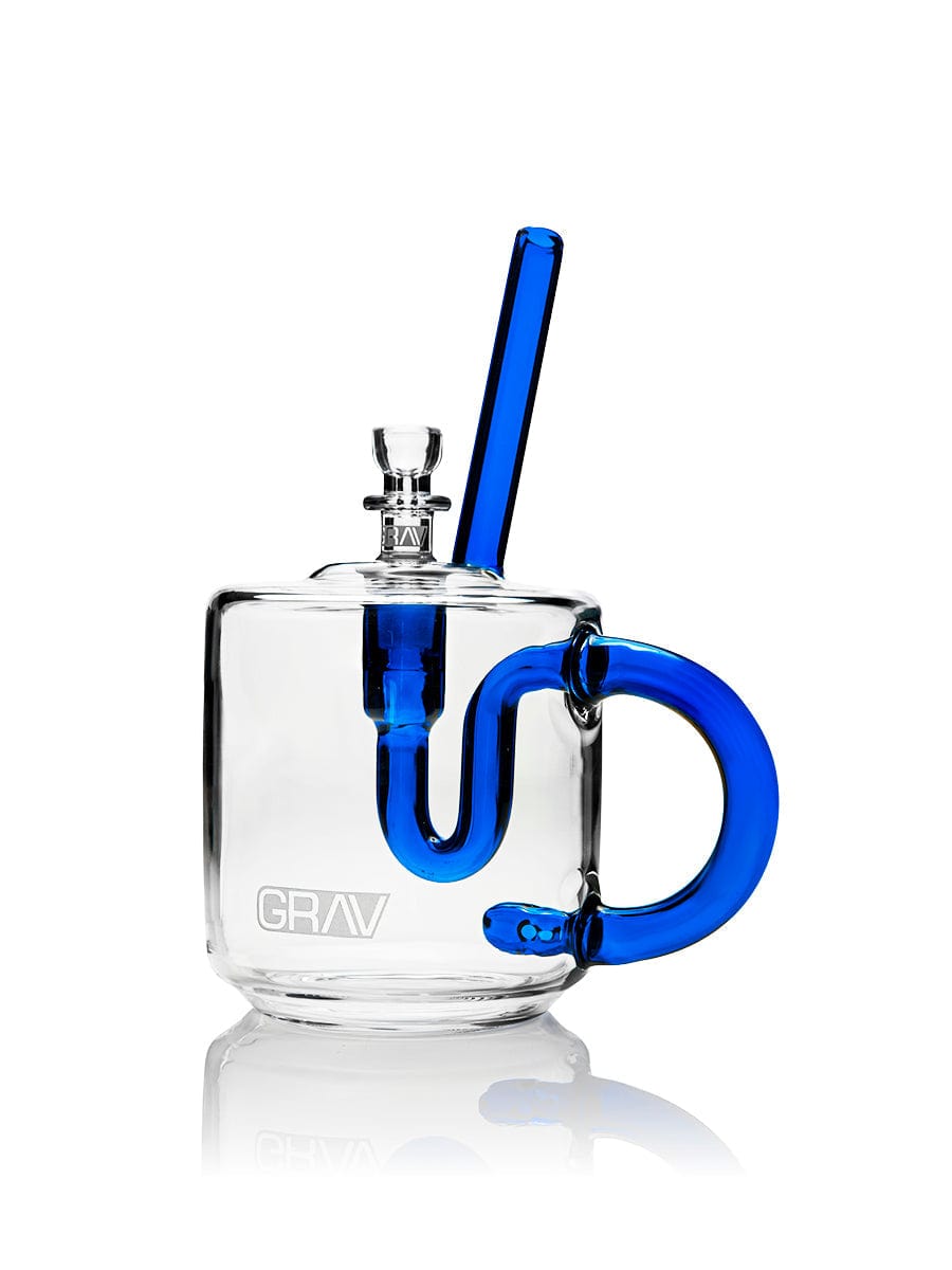 A studio shot of the GRAV® Coffee Mug Bubbler, showcasing its clear glass construction and unique mug-like form.